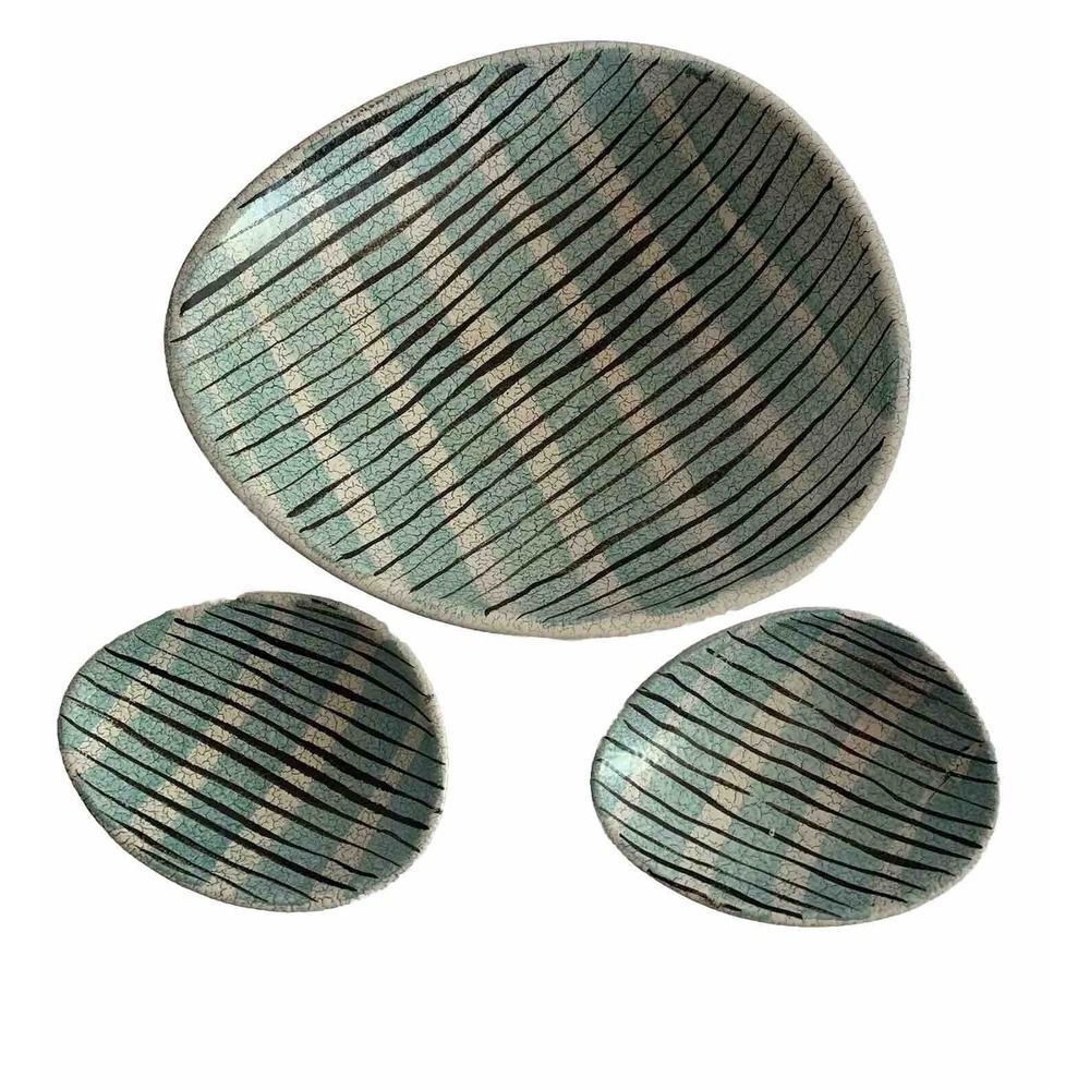 MCM Dumler & Breiden Art Pottery Stripped Blue & Black Crackled Dish Bowls Set 3